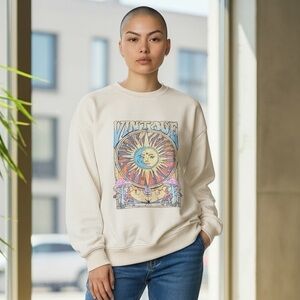 Vintage Graphic Sun mood Cream colored crew Mel Sweater oversize small